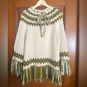 Vintage Hand Knit Chunky Wool
Fringe Poncho Sweater Hippie
Boho Cozy 60s70s
